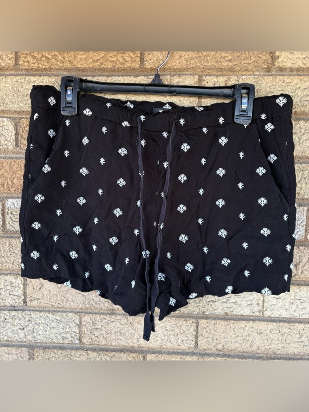 LOFT Black Drawstring Shorts with White Floral Print